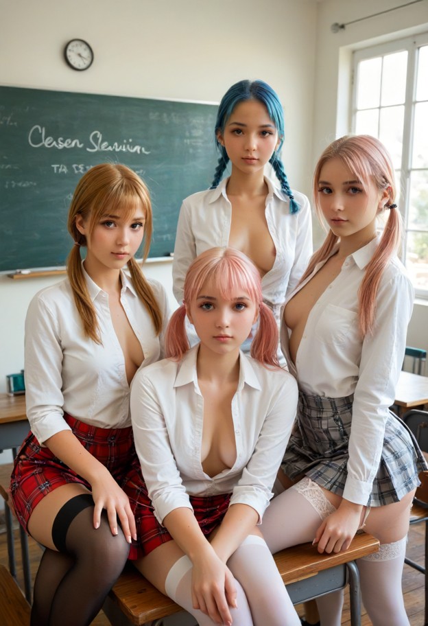 three girls sitting at desk,white unbuttoned shirt,short plaid skirt,classroom,wooden desks,chalkboard,bright windows…
