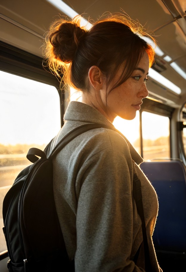 getting on the bus,traveler outfit,backpack,boots,practical clothes,neutral expression,relaxed face,calm mood,neutral…