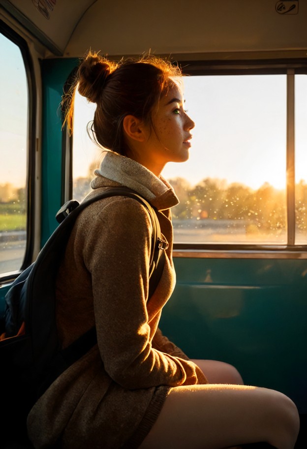 taking bus,traveler outfit,backpack,boots,practical clothes,neutral expression,relaxed face,calm mood,neutral,side vi…