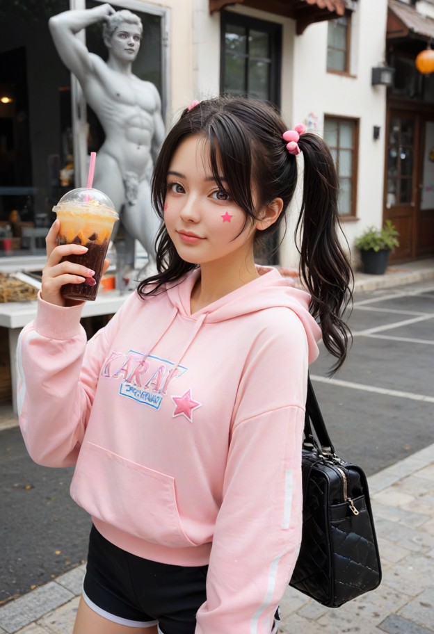 1girl leaning against kakao friends statue,oversized light pink hoodie,black short shorts,white sneakers,small black …