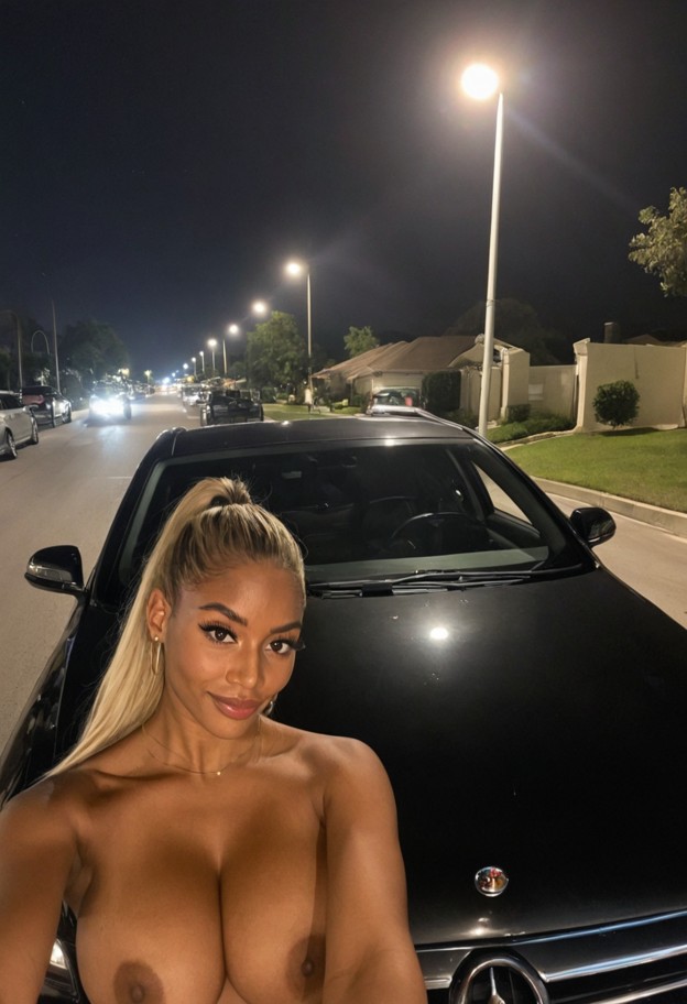 she is is sitting on car hood holding smartphone,smiling,naked,boobs,suburban street,night,dark road,parked luxury ca…