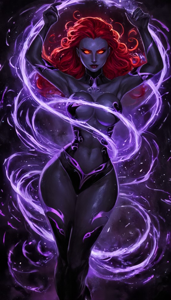 nyxara with arms raised as shadowy wisps swirl and coil around her,dark violet energy radiating outward,dramatic powe…