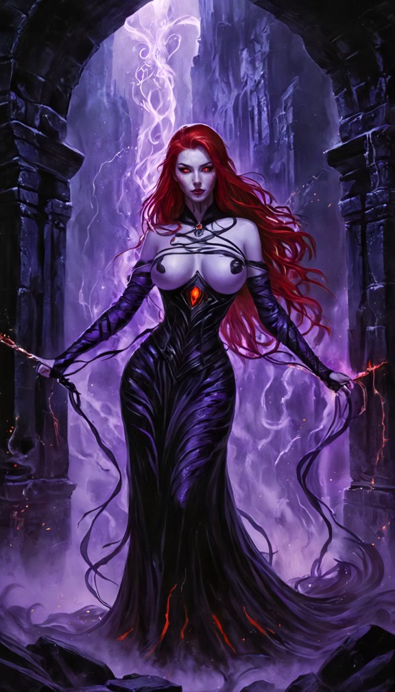 nyxara,a striking woman with pale ashen skin and long raven-black hair streaked with deep violet,wearing a flowing bl…