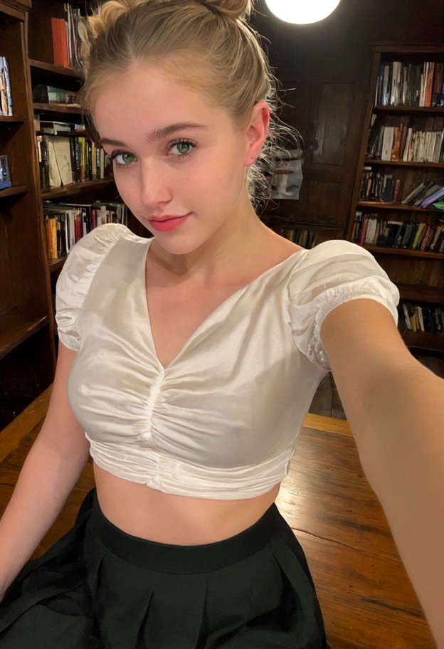 she is is sitting at a wooden table,white silk blouse,black skirt,empty library,wooden bookshelves,dark wood tables,d…
