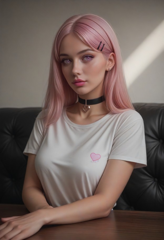 simmy is sitting on a leather sofa looking confused,white cotton button-down shirt,black cotton t-shirt,small dimly l…