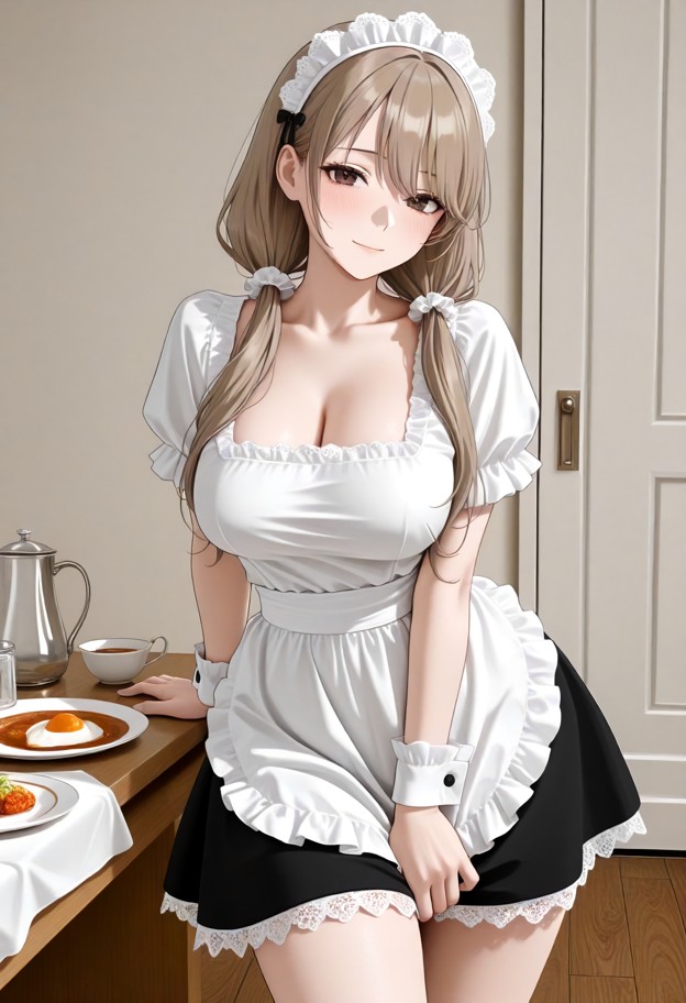 moca stands by the table nervously clutching her thighs,white cotton blouse,short black fabric skirt,white fabric apr…