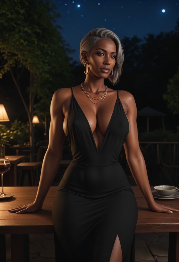 she is gripping neck,tight black dress,outdoor terrace,night sky,dark wooden table,close up,dim lighting