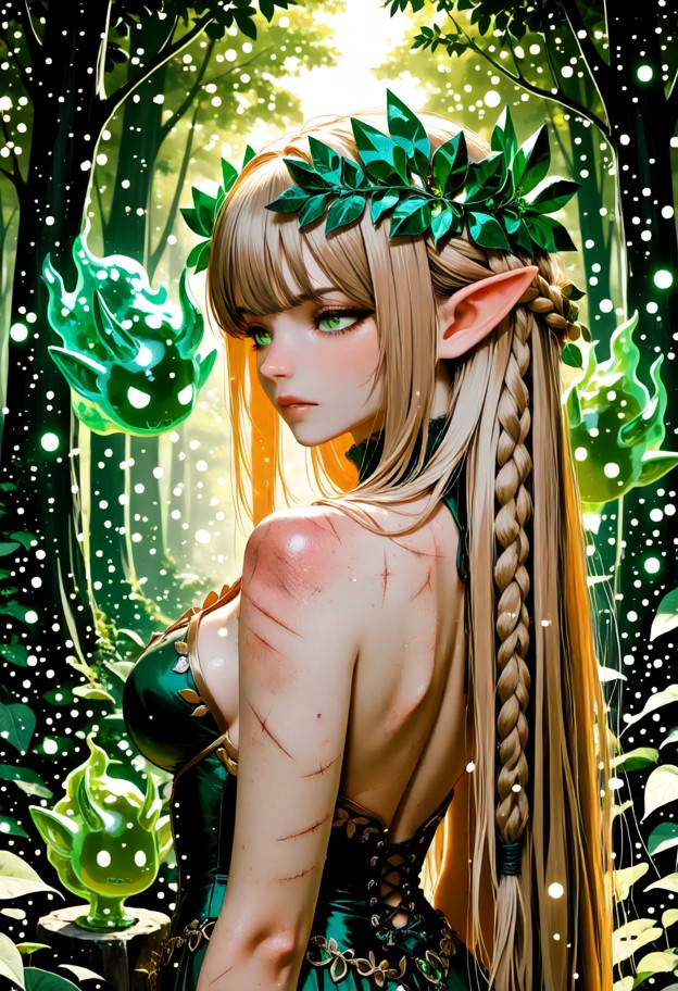 (masterpiece:1.4),(best quality:1.4),ultra-detailed fantasy anime realism,elegant adult elf queen,ancient serene expr…