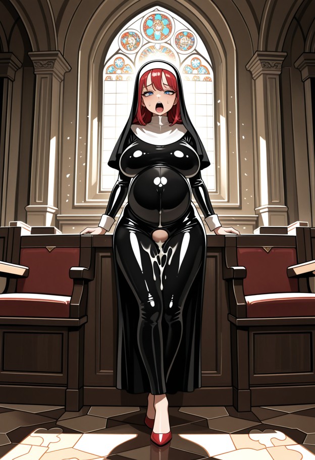 full-body view,head-to-toe composition,centered frame,church,pews,orgasmic,overwhelmed,emotional,teary eyes,deep expr…