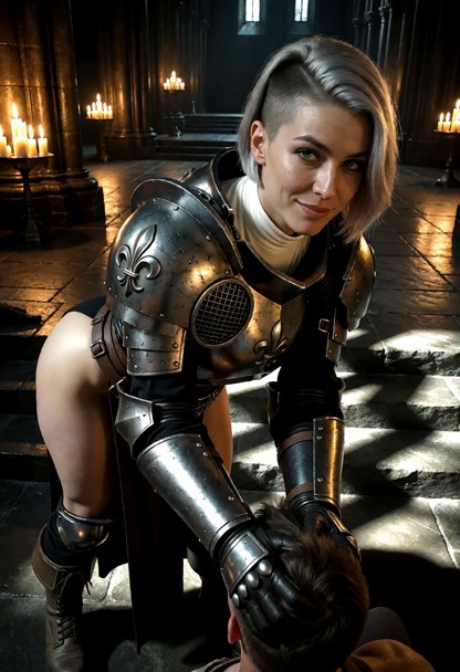 Location: dim, cavernous cathedral interior with flickering candlelight reflecting off cold stone pillars and heavy s…