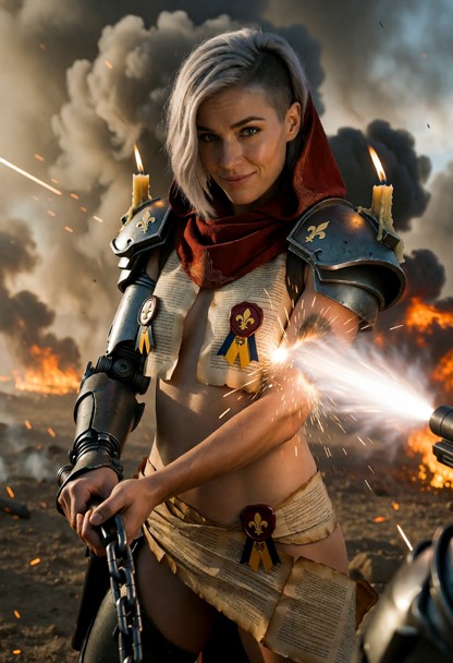Location: a chaotic battlefield filled with thick swirling smoke and the orange glow of distant fires, illuminated by…