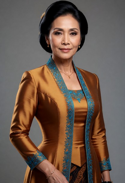 She is wearing an elegant long kebaya in a shimmering golden-brown color. The kebaya has a neat, graceful cut that fo…