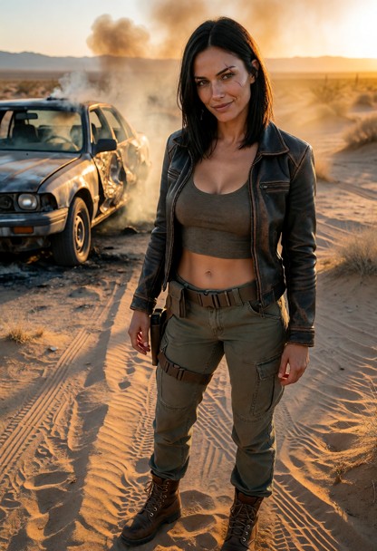 Location: a desolate stretch of desert road during the golden hour, with the setting sun casting long, warm shadows a…