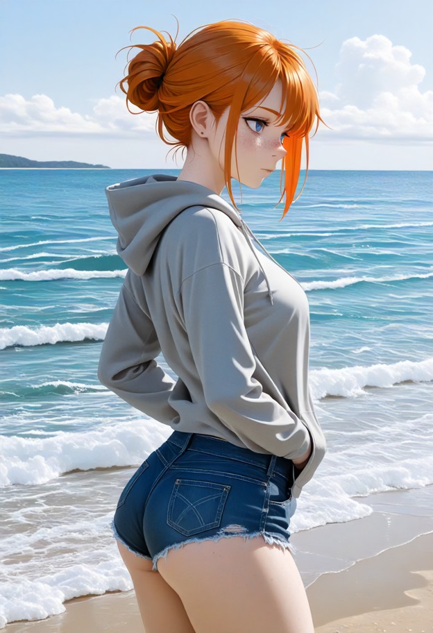 amy stands nervously on the beach,oversized grey cotton hoodie,blue denim shorts,sunny beach,golden sand,ocean waves,…