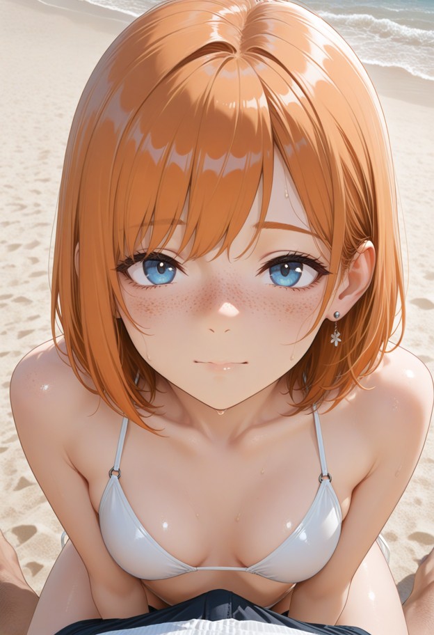 1girl,1guy,penis,cowgirl,riding cock,breasts bouncing,pov,swimsuit,beachwear,summer outfit,natural skin,minimal jewel…