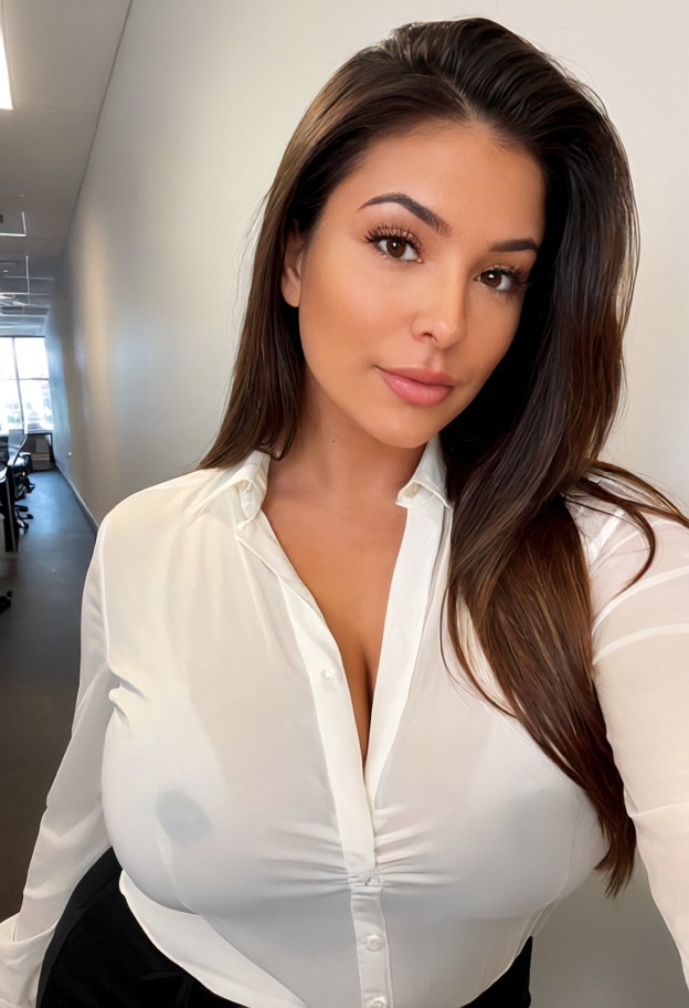 walking towards viewer,white silk blouse,black trousers,professional office,medium shot,soft ambient light,selfie clo…