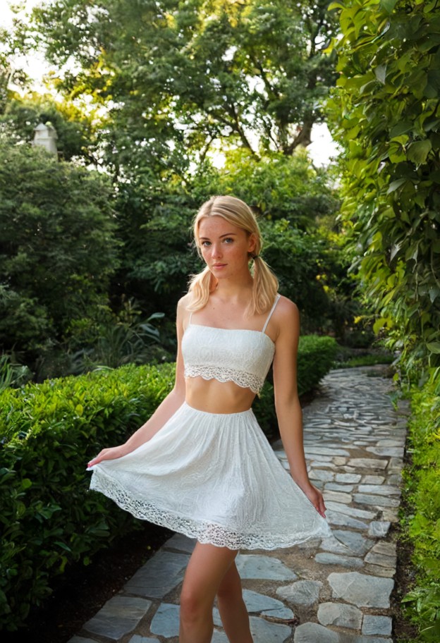 lacey is pulling her white sundress down her shoulders,solo,white sundress,garden,stone walkway,leafy green trees,med…