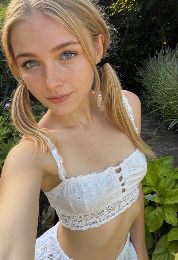 lacey is looking at viewer,white sundress,garden,medium shot,soft lighting,selfie closeup