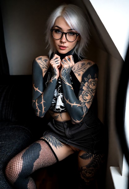 Location: dim corner of a private apartment with soft, low light casting deep shadows against the walls and highlight…