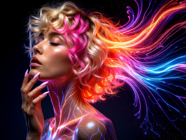 Side profile of Rona an ethereal woman looking up, eyes closed, stylized digital painting. Her hair is an explosion o…