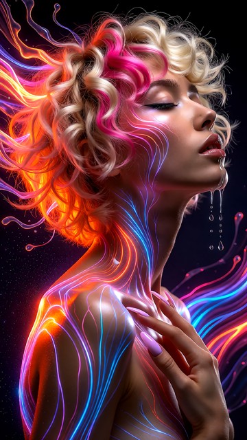 Side profile of Rona an ethereal woman looking up, eyes closed, stylized digital painting. Her hair is an explosion o…