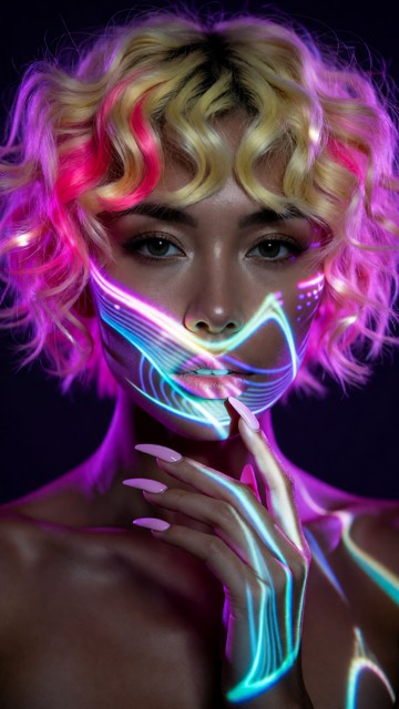 A close-up artistic portrait of a Rona's face, blending into a dark background with vibrant neon purple, magenta, and…