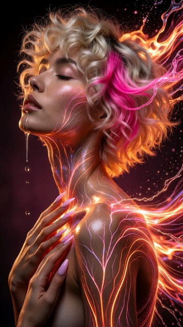 Side profile of Rona an ethereal woman looking up, eyes closed, stylized digital painting. Her hair is an explosion o…
