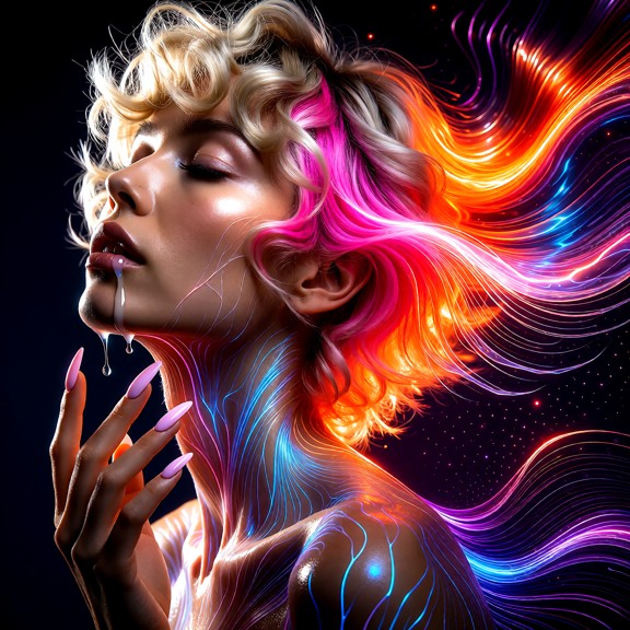 Side profile of Rona an ethereal woman looking up, eyes closed, stylized digital painting. Her hair is an explosion o…