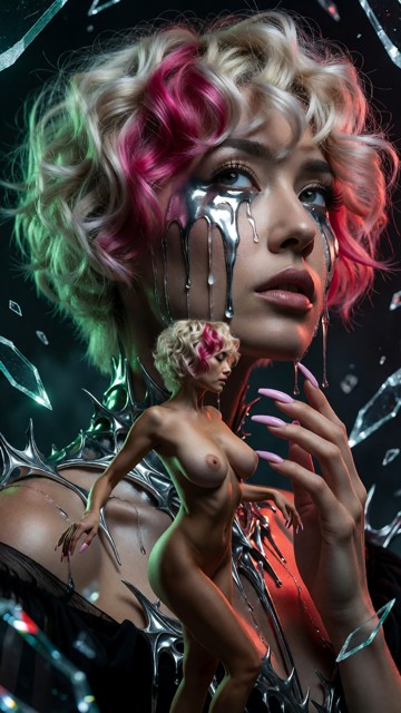 A dark fantasy digital art piece featuring a surreal double-exposure effect. In the background, a giant, ethereal clo…