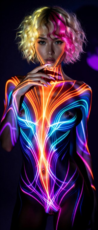 A full body artistic painting of a Rona's naked body, blending into a dark background her face , body and hair satura…