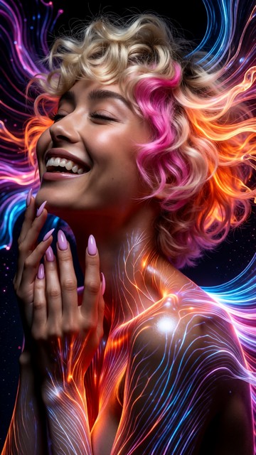front profile of Rona an ethereal woman looking up, laughing merrily her eyes closed, stylized digital painting. Her …