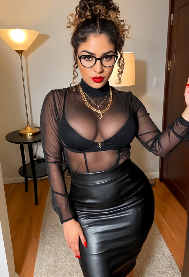 1girl standing close swaying hips seductively biting lower lip gazing intensely,wearing sheer tight silk blouse tight…