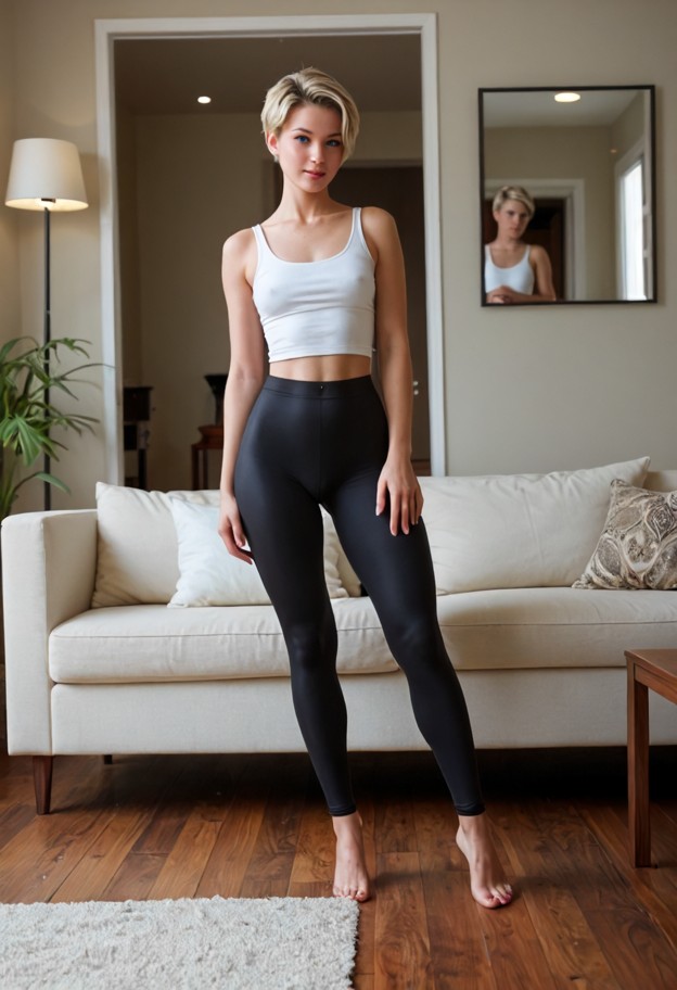 she is standing in front of a mirror,tight white tank top,black spandex leggings,dimly lit living room,couch,wooden f…