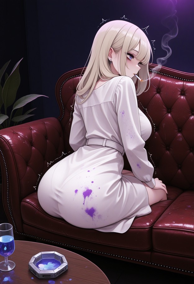 she is is sitting on a burgundy leather couch with trembling hands,white cotton dress,dimly lit room,burgundy leather…