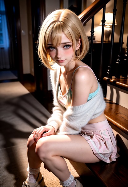 Location: a dimly lit hallway near the stairs during the evening, with soft shadows stretching across the wooden floo…