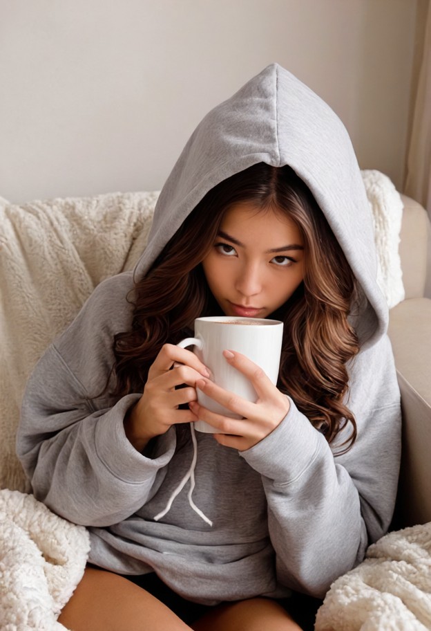 1 girl,oversized hoodie,sipping hot cocoa,curled up on a couch,soft blanket,cozy room,peaceful mood