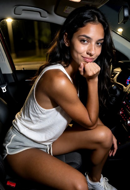 Location: inside a car at night, with soft streetlights passing by the windows and a dim dashboard glow illuminating …