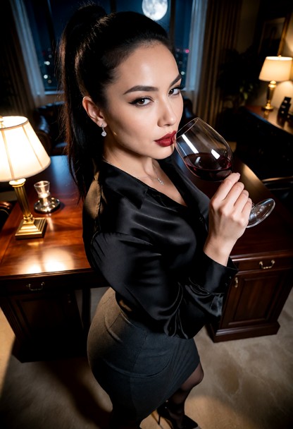 Location: a dimly lit, spacious private office late at night, with the moonlight filtering through large windows and …