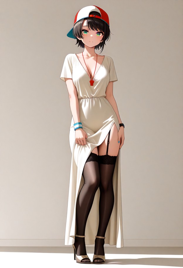 a she is wearing an evening dress and stockings,evening dress,slit dress,stockings,stiletto heels,luxury ballroom,ful…