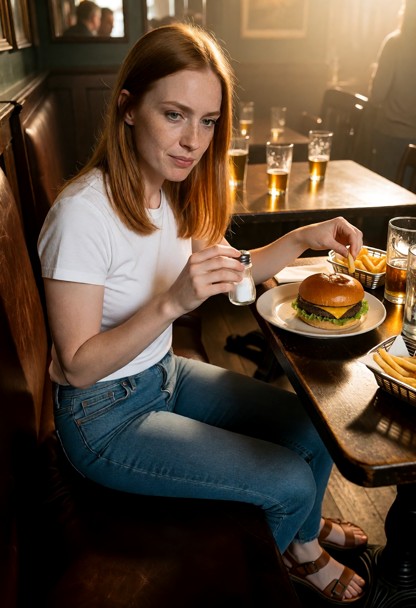 Location: dim and lively pub with dark wooden booth seating, cluttered tables, and warm, hazy amber lighting that cre…