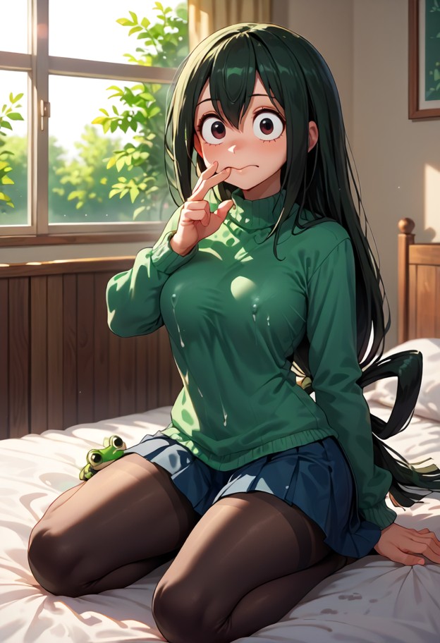 tsuyu asui is sitting on the bed and interlacing fingers with viewer,light green school uniform sweater,dark blue ple…