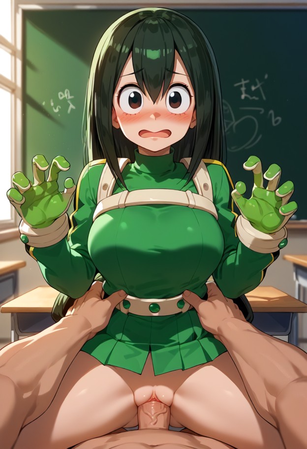 1 girl,hero uniform,bottomless,bare pussy,hunched shoulders,arms hugging sides,1 guy,penis,cowgirl,vaginal sex,penis …