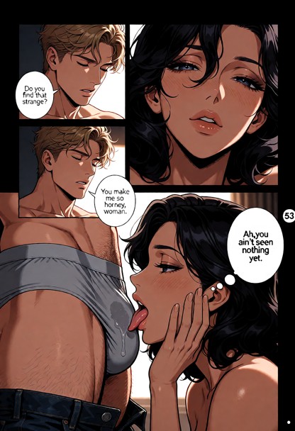 Create multi-panel comic page, with 4 distinct sequential panels. The background of the page is black. All scenes in …