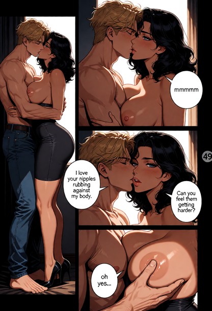 Create multi-panel comic page, with 4 distinct sequential panels. The background of the page is black. All scenes in …