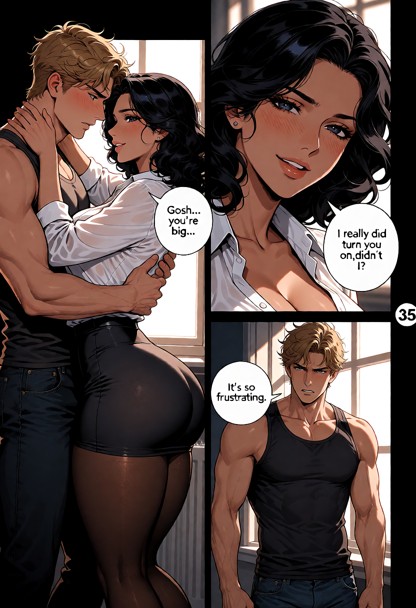 Create multi-panel comic page, with 3 distinct sequential panels. The background of the page is black. All scenes in …