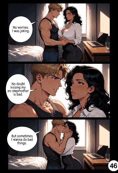 Create multi-panel comic page, with 3 distinct sequential panels. The background of the page is black. All scenes in …