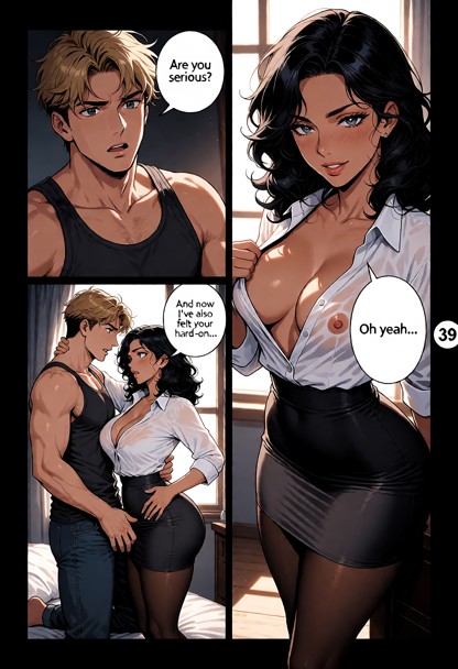 Create multi-panel comic page, with 3 distinct sequential panels. The background of the page is black. All scenes in …