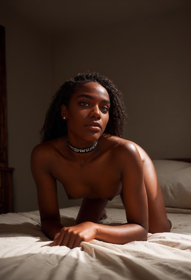 aria on all fours on the bed with her head in a pillow,ass,naked,dim bedroom,messy white sheets,dark wood headboard,w…