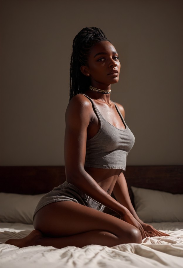 aria lies on her side on the bed nudging viewer with her elbow,gray tank top,gray shorts,messy white sheets,dark wood…