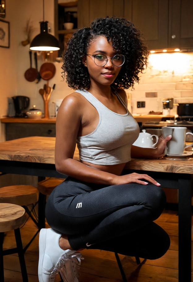 mei sits at the wooden kitchen table looking at viewer,grey cotton tank top,black athletic leggings,white leather sne…